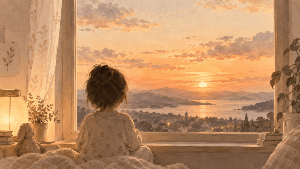 1歳を自宅保育しながら仕事はできる？子供が窓から夕陽を見ている